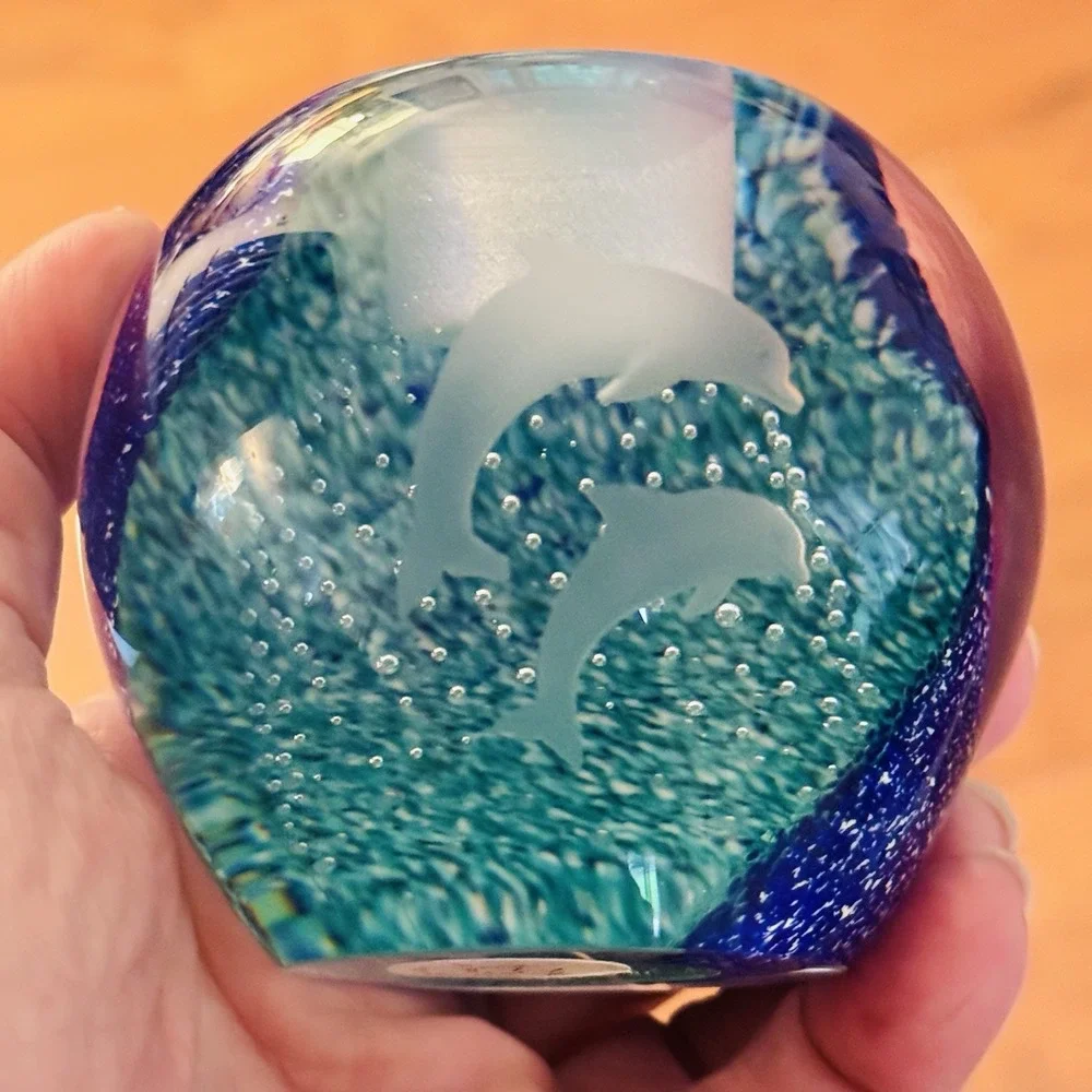2 Lenox‎ Undersea Paradise Votive Crystal Blue Swirl Dolphin, Made in Scotland